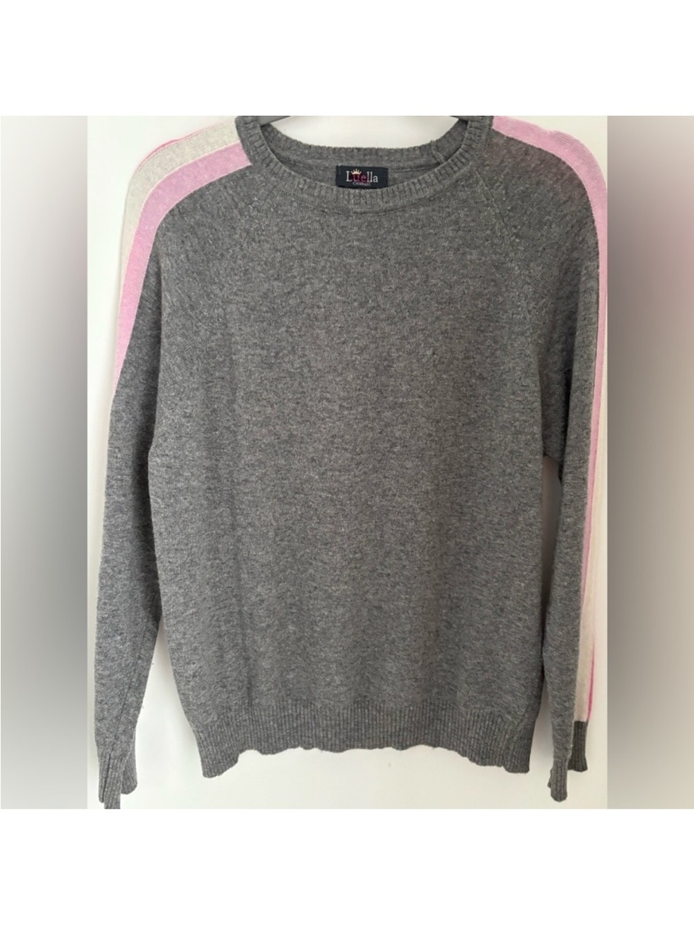 LUELLA cashmere wool crewneck pullover sweater med gray pink white strip sleeves